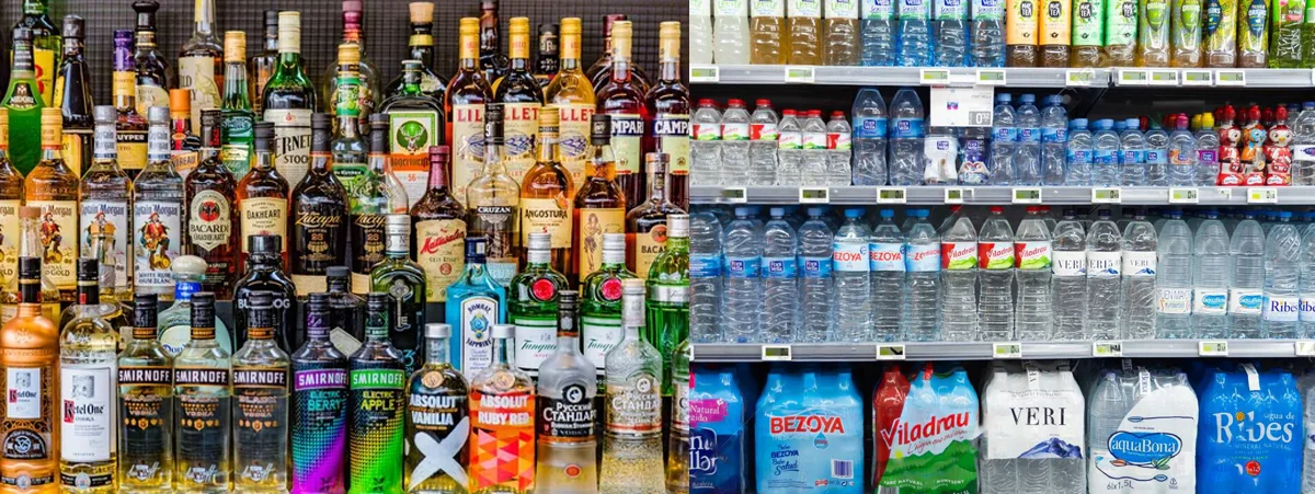 Impresión de botellas de vino y agua